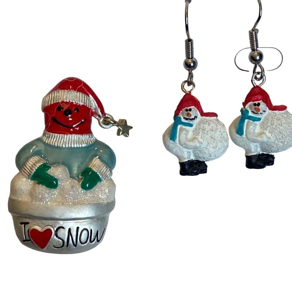 Snowman Brooch and Earrings Set Dangle Drop Earrings I Love Snow